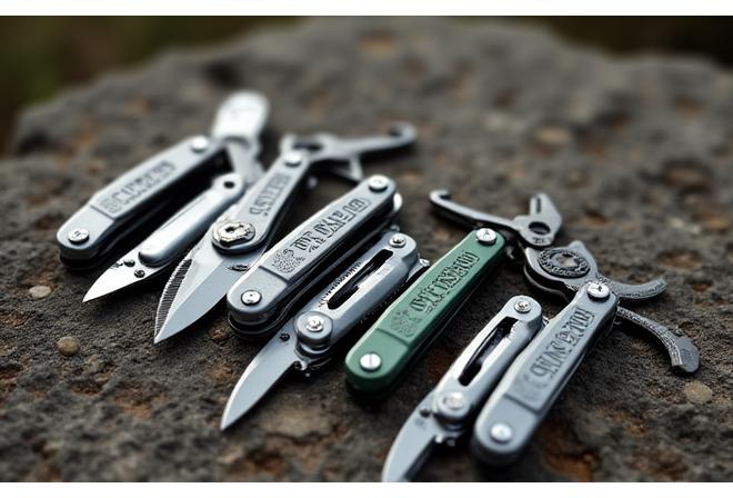 Detailansicht von Outdoor-Messern und Multitools