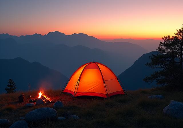 Zelt im Freien bei Sonnenuntergang mit Bergkulisse