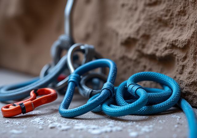 Kletterausrüstung vor einer senkrechten Felswand