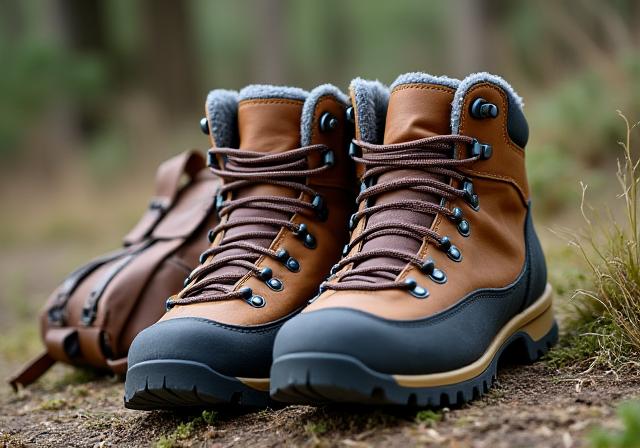 Wanderstiefel und Rucksack bereit für eine Tour
