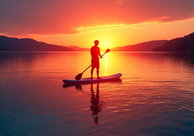 Paddelbrettfahrer bei Sonnenaufgang auf einem See