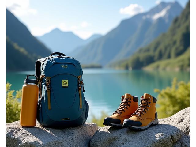 Nachhaltige Outdoor-Ausrüstung vor Alpenpanorama mit klarem Bergsee